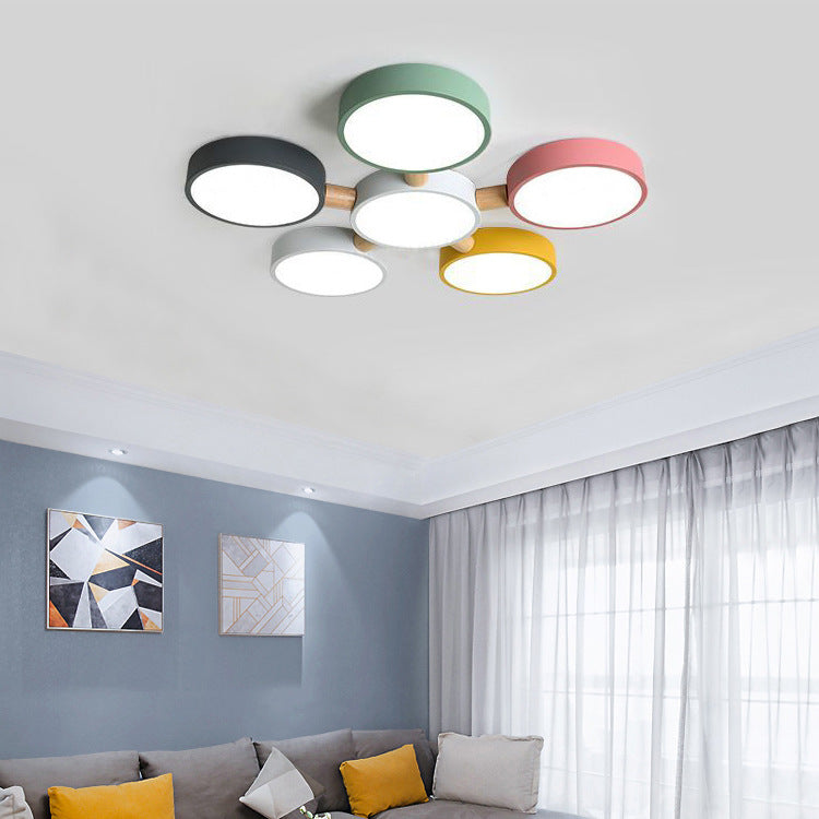 Contemporary Scandinavian Macaron Iron Geometric Round Shade Wood Splicing LED Flush Mount Ceiling Light for Bedroom
