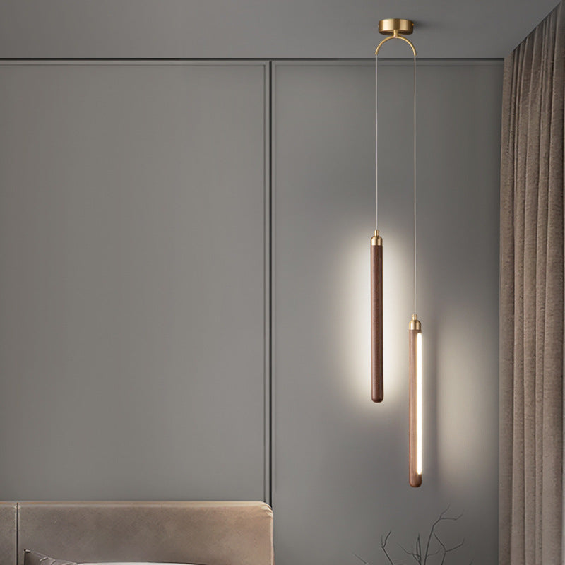 Modern Minimalist Linear Wood Copper Acrylic LED Pendant Light for Bedroom
