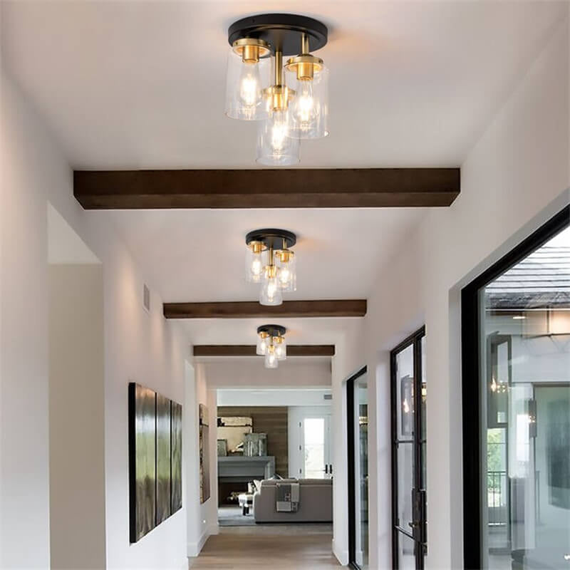Industrial Glass Spherical / Long Barrel Design 3-light Semi-flush Mount Light