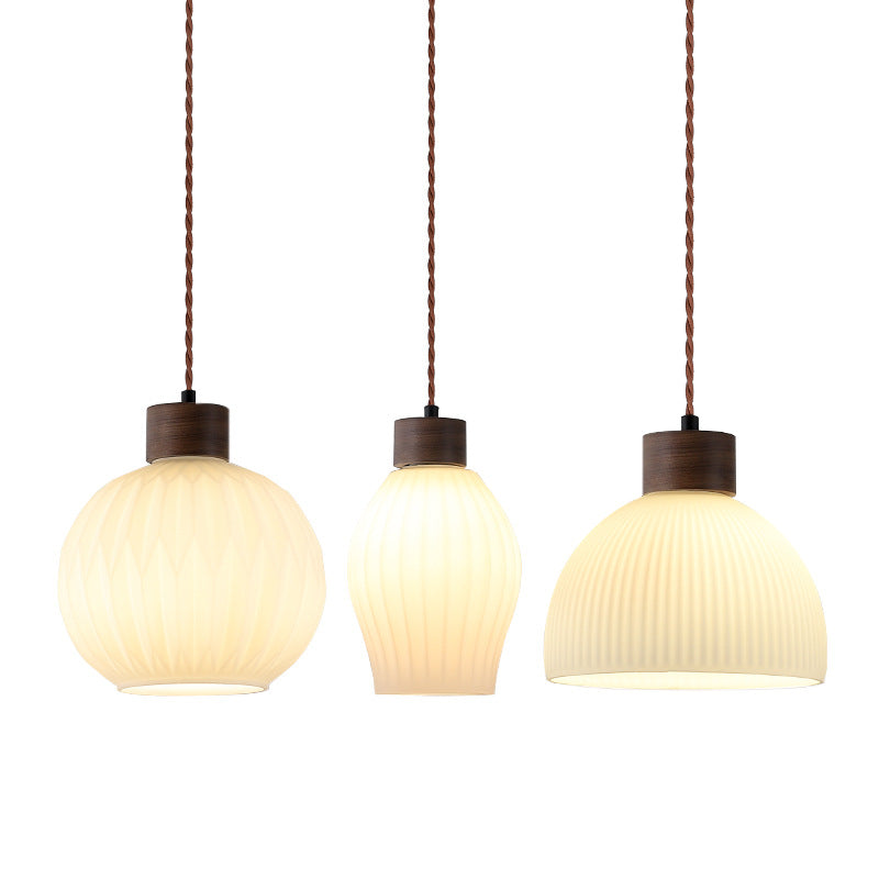 Traditional Japanese Walnut Glass Ball Round Bottle Ribbed 1-light Pendant Light for Dining Room