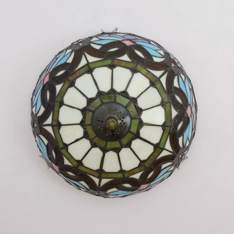 Traditional Tiffany Dome Iron Glass 2-light Flush Mount Light for Living Room