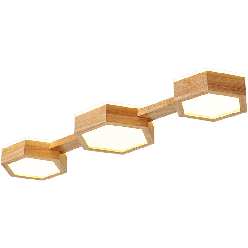 Traditional Japanese Hexagon Wood Acrylic LED Flush Mount Ceiling Light for Living Room