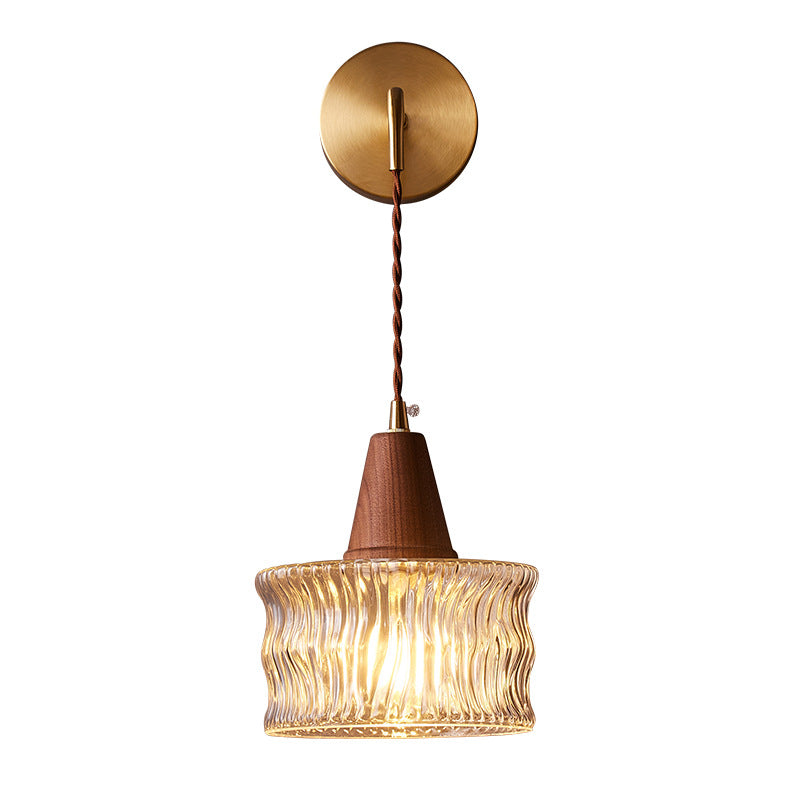 Japanese Walnut Glass Copper Cylinder 1-Light Wall Sconce Lamp