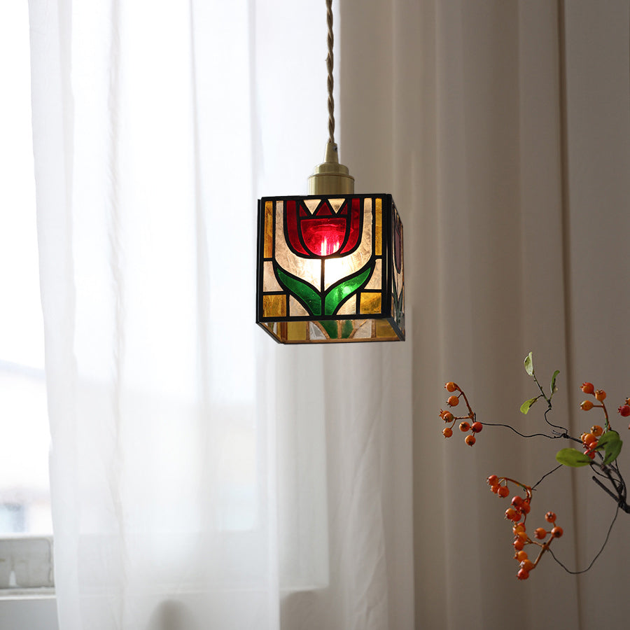 Traditional Tiffany Square Tulip Red Rose Rubik's Cube Brass Stained Glass 1-light Pendant Light for Living Room