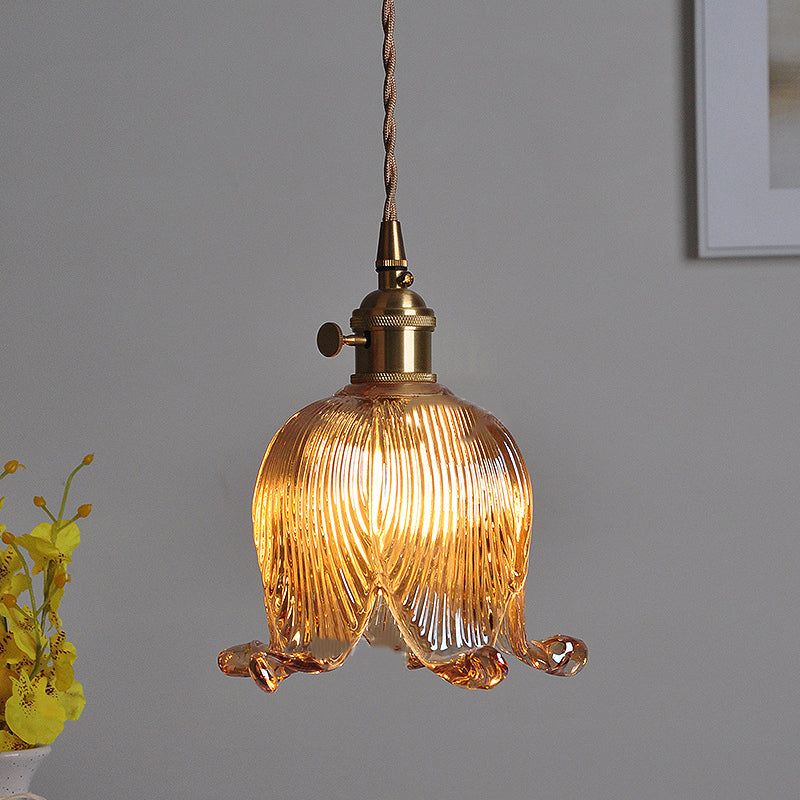 Vintage Nordic Brass Glass Bell Flower 1-light Pendant Light