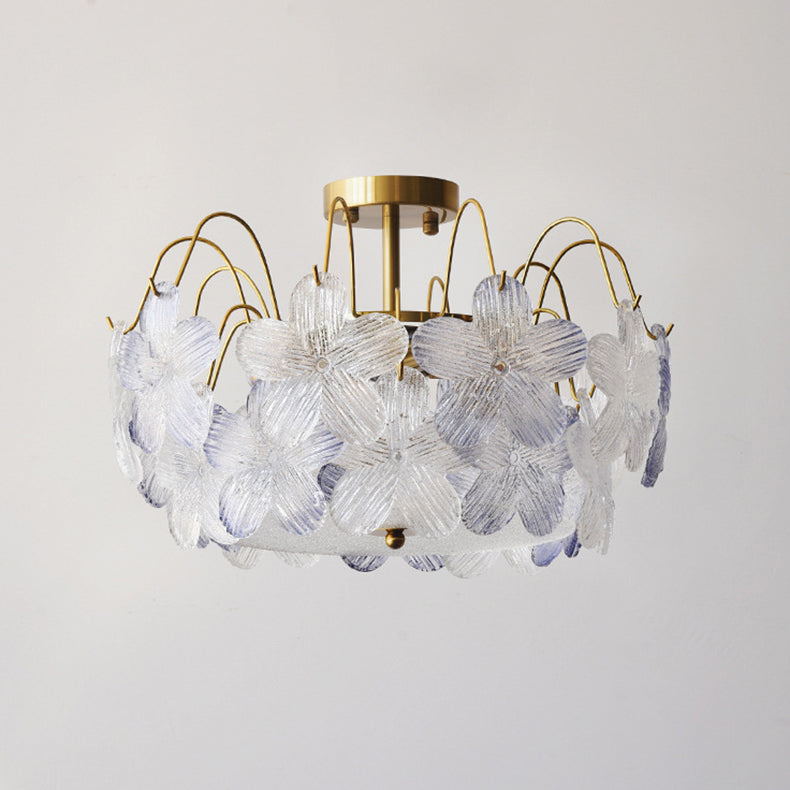 Traditional French Iron Glass Round Flower 5/6 Light Semi-flush Mount Ceiling Light for Living Room