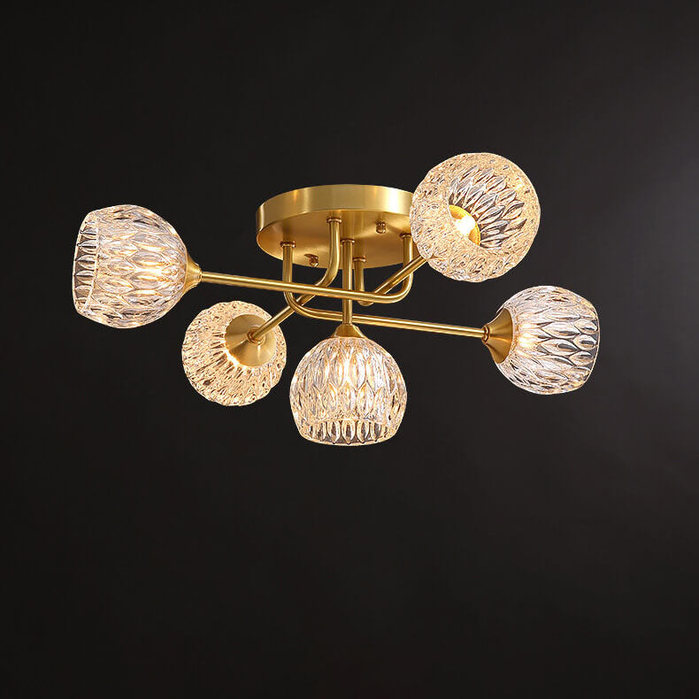 Mid-century Modern Round Copper Crystal Glass 5-light Semi-flush Mount Ceiling Light