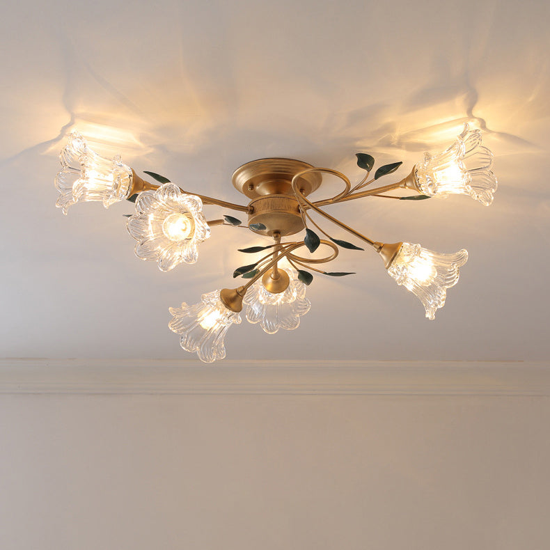 Traditional European Floral Iron Glass 6/8/10 Light Semi-flush Mount Ceiling Light for Bedroom