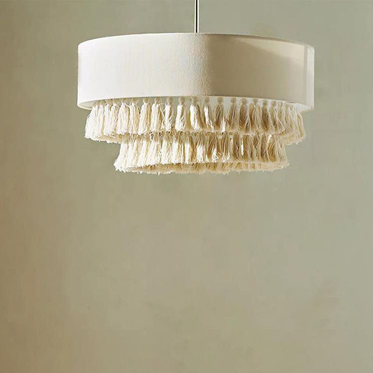 Contemporary Boho Fabric Cylinder Shade Tassel Braided Rope 3-light Chandelier for Living Room