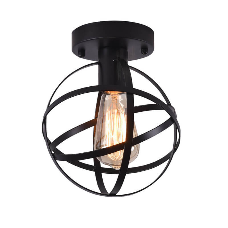Contemporary Industrial Wrought Iron Spherical Cage 1-light Semi-flush Mount Ceiling Light for Living Room
