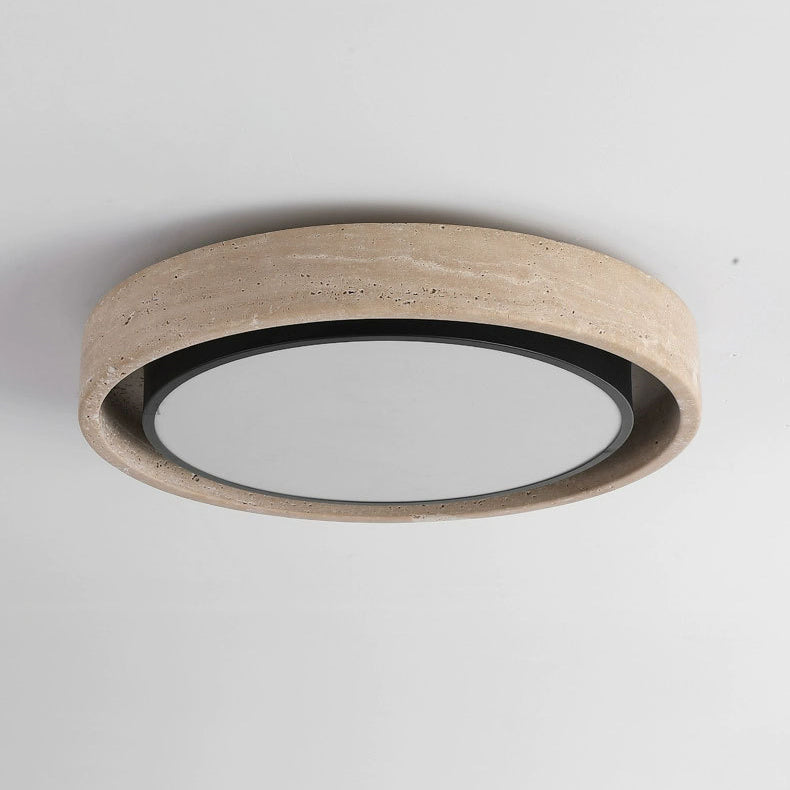 Traditional Rustic Round Iron Yellow Travertine Acrylic LED Flush Mount Ceiling Light For Bedroom