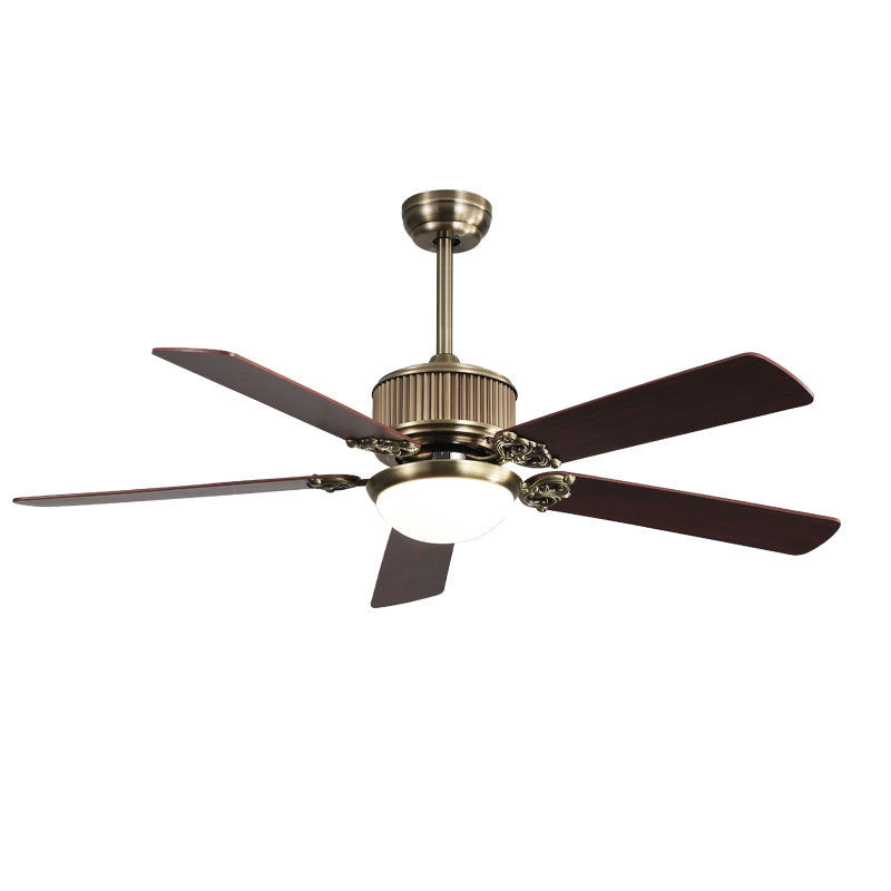 Contemporary Nordic Five Fan Blades Copper Wood Glass LED Downrods Ceiling Fan Light For Living Room