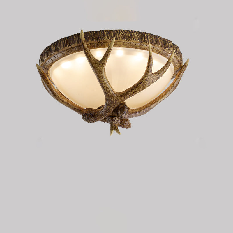 Contemporary Retro Antler Round Resin Iron Glass LED Flush Mount Ceiling Light for Bedroom