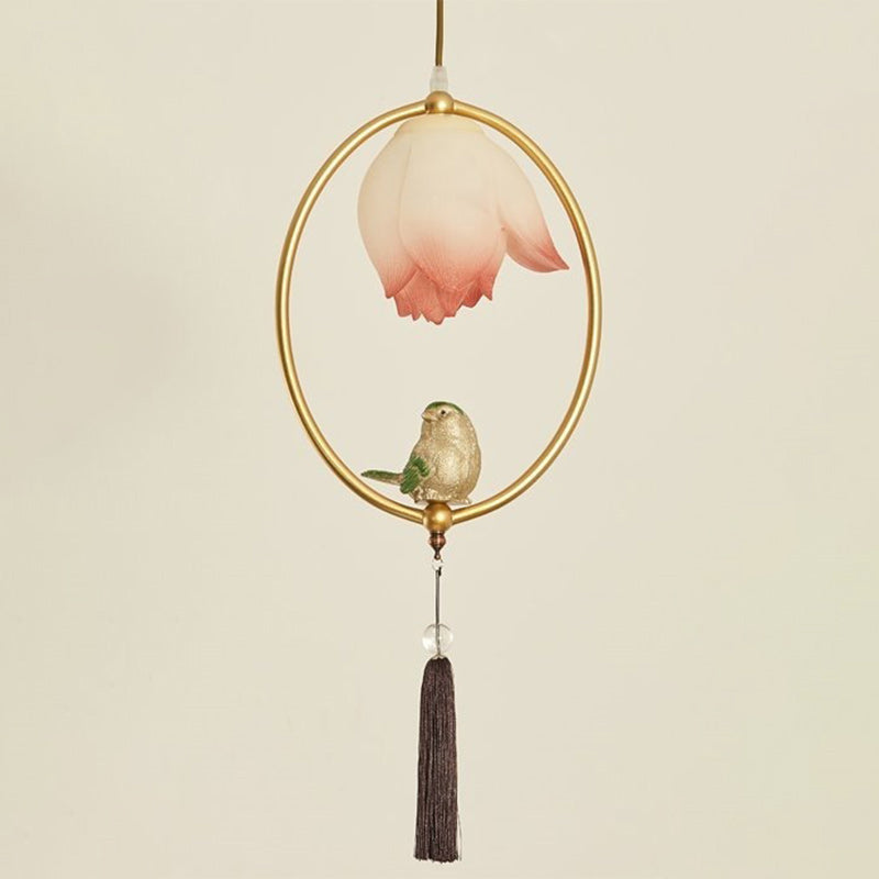 Traditional Chinese Iron Resin Lotus Bird Oval Shape Polygon 1 - Light Pendant Light for Dining Room
