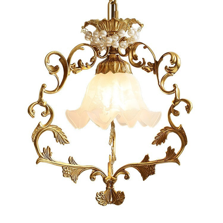 Traditional French Full Brass Pearl Morning Glory Glass Lampshade 1 - Light Pendant Light For Living Room