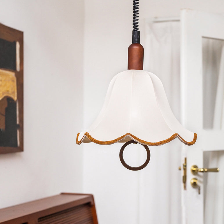Traditional French Petal Shape Fabric Lampshade Hardware Wood 1 - Light Pendant Light For Dining Room