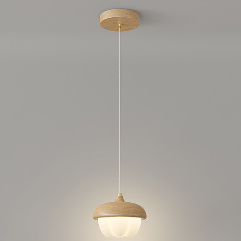 Traditional Japanese Dome Bud Rubber Wood PE LED Pendant Light For Bedroom