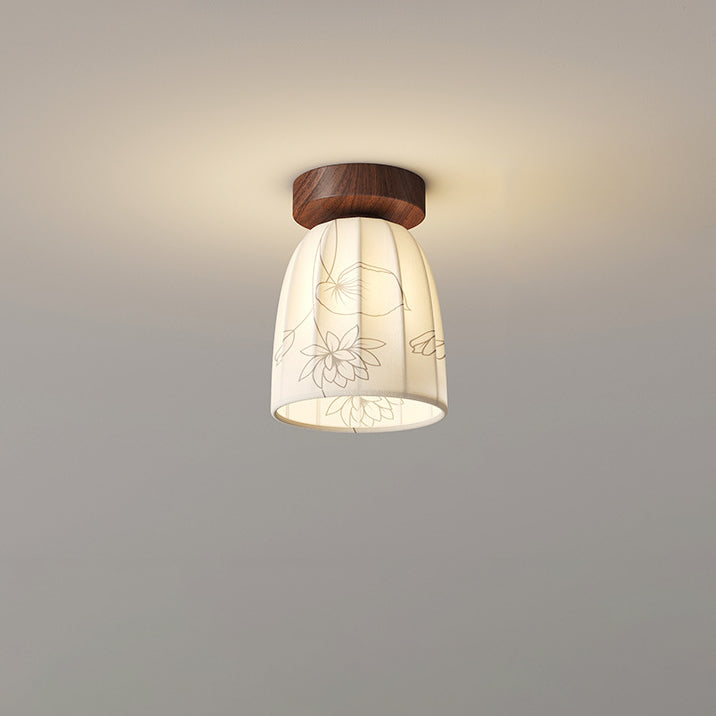 Traditional French Dome Semicircular Flower Print Iron Fabric 1 - Light Semi-flush Mount Ceiling Light for Hallways