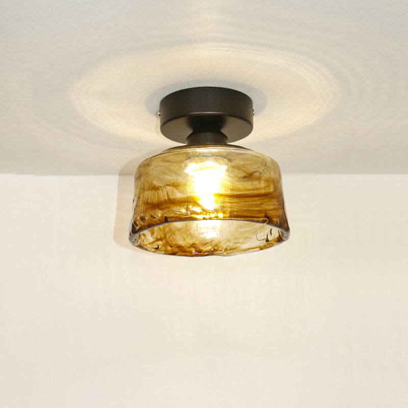 Traditional Vintage Bowl Iron Glass 1-light Semi-flush Mount Ceiling Light for Hallway