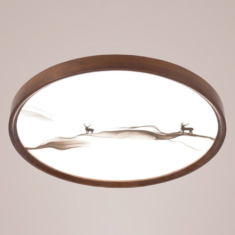 Traditional Chinese Round Oak Wood Acrylic LED Flush Mount Ceiling Light for Bedroom