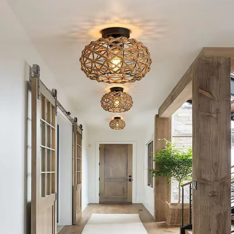 Traditional Rustic Iron & Rattan Woven Round 1-Light Semi-Flush Mount Ceiling Light For Bedroom & Living Room