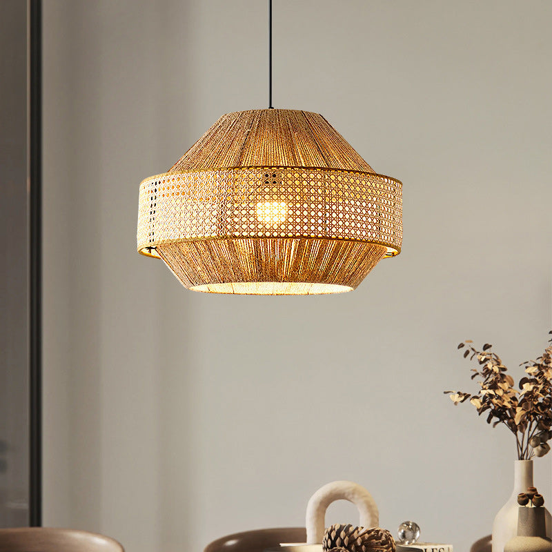 Traditional Japanese Natural Hemp Rope & Rattan Round 1-Light Pendant Light For Bedroom & Living Room