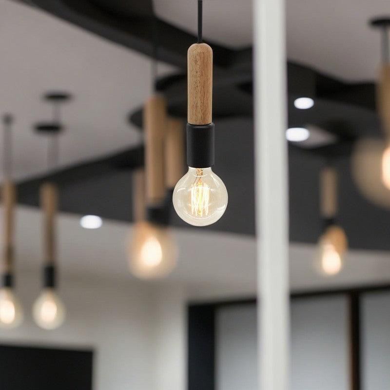 Modern Minimalist Wood & Metal Cylindrical 1-Light Pendant Light For Living Room
