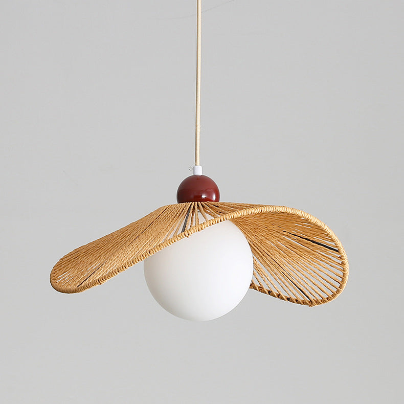 Contemporary Retro Iron Rattan & Glass Hat-Shaped 1-Light Pendant Light For Living Room