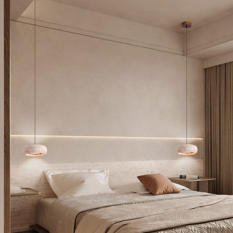 Contemporary Nordic Travertine and Walnut Oval LED Pendant Light for Bedroom