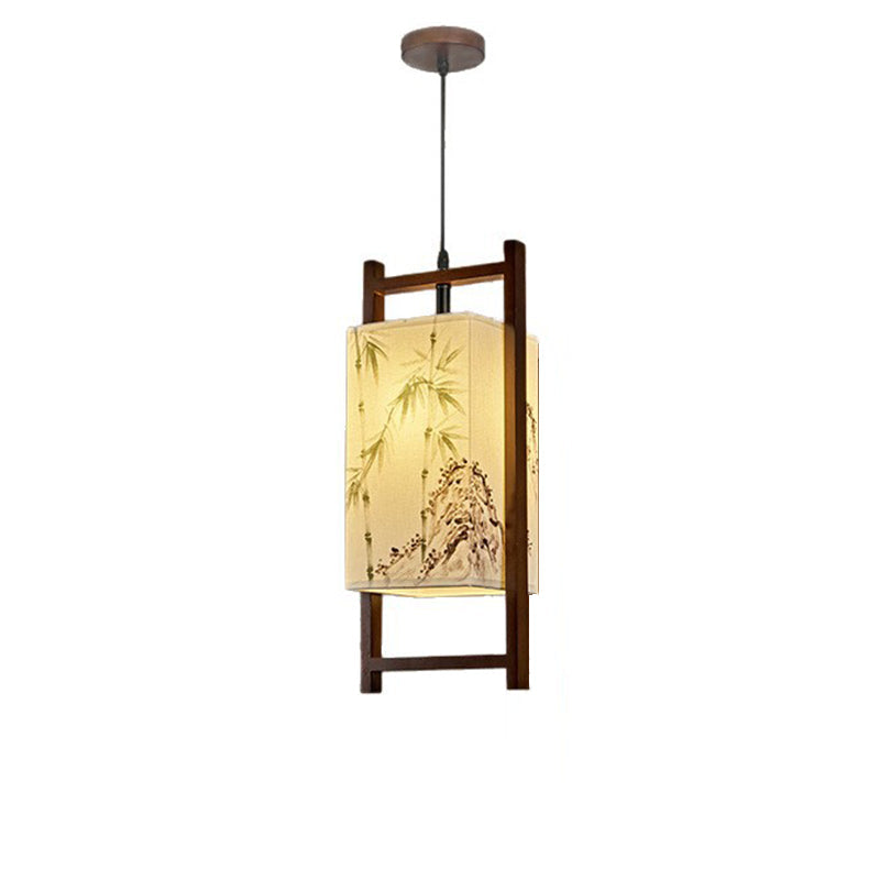 Traditional Chinese Solid Wood Fabric Lantern 1-Light Pendant Light For Living Room & Dining Room