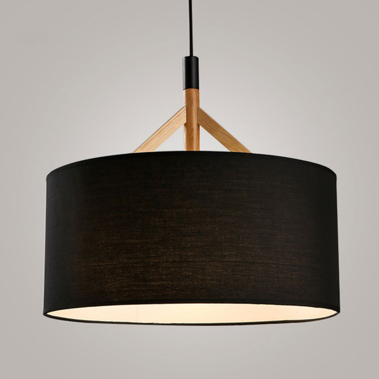 Modern Minimalist Fabric Wood Metal Round Cylinder 1-Light Pendant Light For Bedroom & Living Room