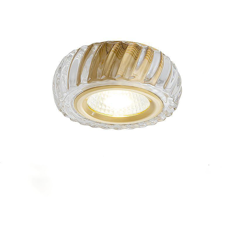Modern Mid-century Brass & Crystal Glass Ribbed Round LED Flush Mount Ceiling Light Spotlight for Hallway and Entryway