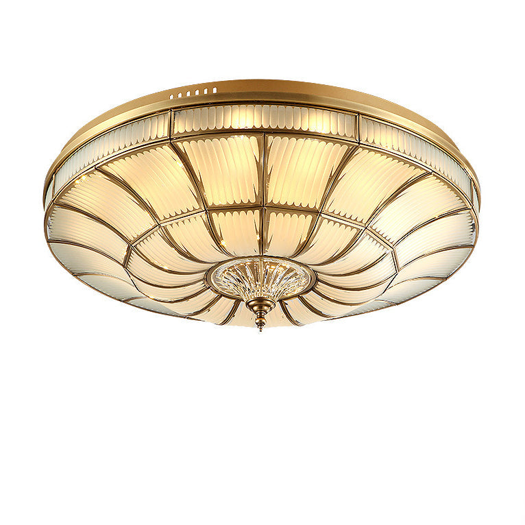 Traditional European Brass Glass Crystal Round LED Flush Mount Ceiling Light For Living Room And Bedroom