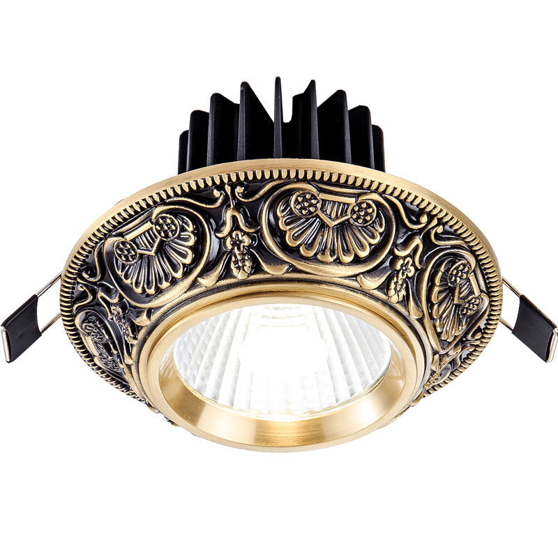 Traditional European Brass Aluminum Round Carved Spotlight LED Flush Mount Ceiling Light for Hallway and Living Room