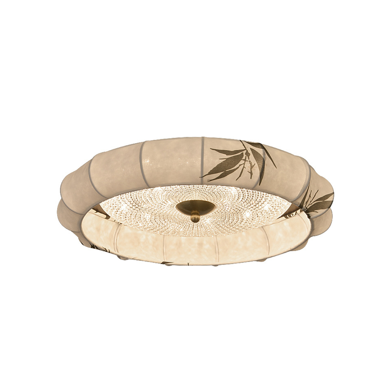 Traditional Chinese Iron Zinc Alloy Fabric Acrylic Round LED Flush Mount Ceiling Light For Bedroom