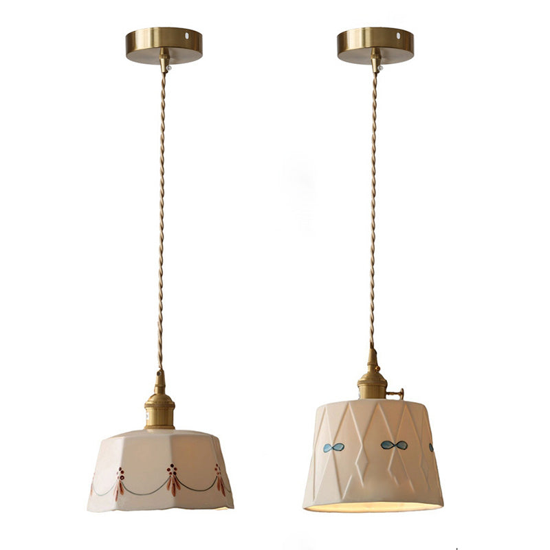Traditional Japanese Drum Ceramics Copper 1-light Pendant Light for Living Room