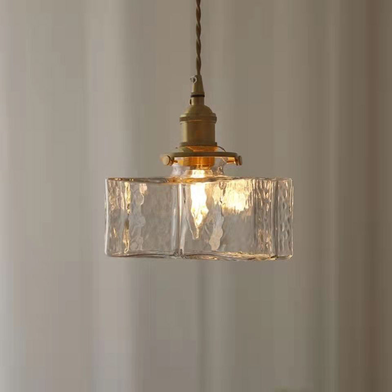Traditional Vintage Square Rectangle Ripple Glass Iron 1-light Pendant Light for Living Room