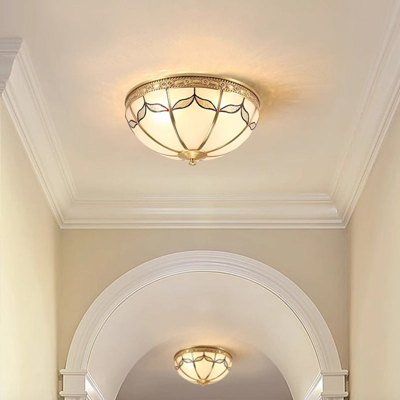 Traditional Vintage Round Dome Leaf Full Copper Frame Glass Shade 3/4 Light Flush Mount Ceiling Light For Living Room