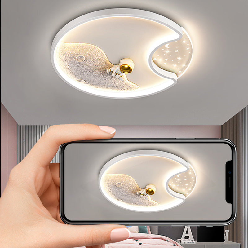 Modern Minimalist Round Moon Astronaut Iron Acrylic LED Flush Mount Ceiling Light for Bedroom