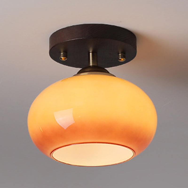 Contemporary Retro Round Oval Dome Wooden Base Glass 1-light Semi-flush Mount Ceiling Light for Living Room