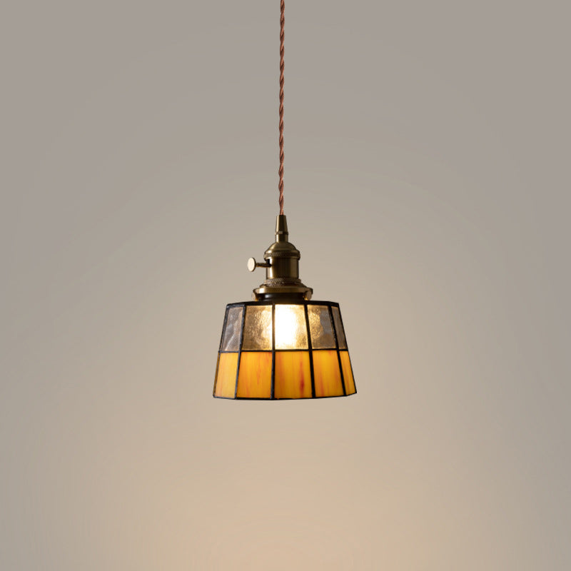 Traditional Vintage Round Square Glass Shade Copper 1-Light Pendant Light For Living Room