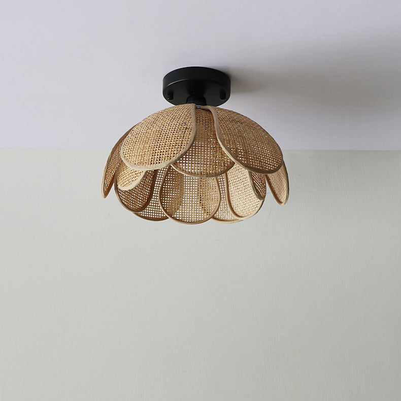 Traditional Japanese Round Petal Iron Rattan Woven Shade 1-light Semi-flush Mount Ceiling Light for Living Room
