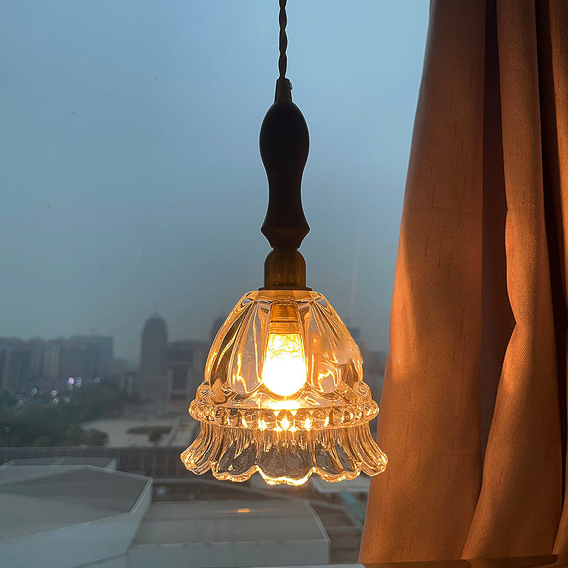 Traditional Vintage Round Flower Shape Glass Shade Wooden Iron 1-Light Pendant Light For Living Room