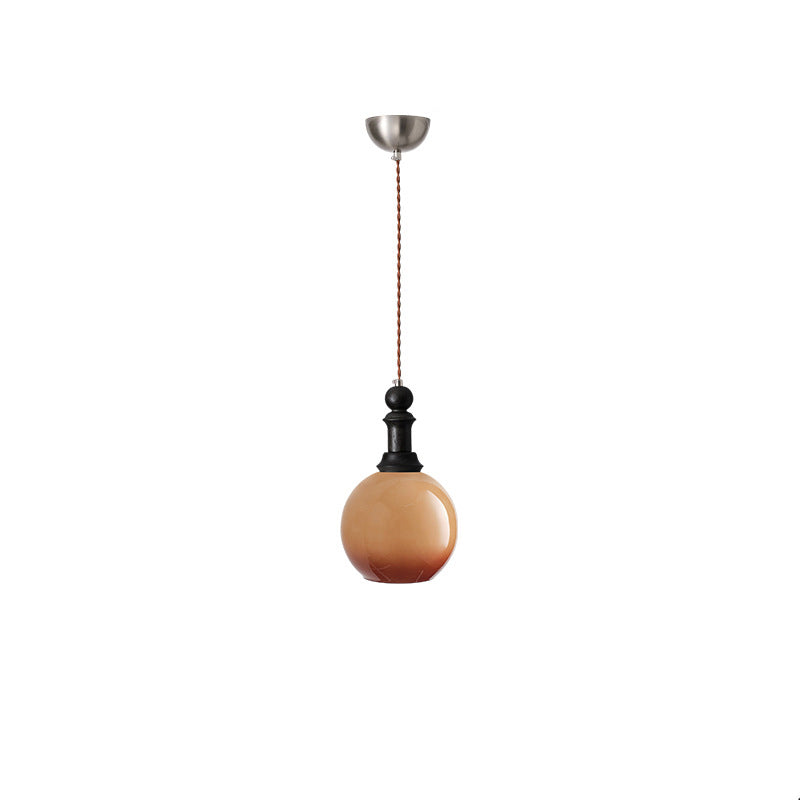 Traditional Vintage Globe Dome Oval Wood Iron Fabric Glass 1-Light Pendant Light For Bedroom