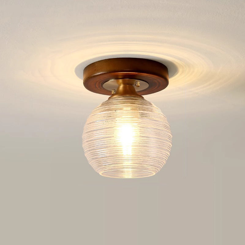 Contemporary Retro Round Cylinder Cup Shape Wood Glass 1-Light Semi-Flush Mount Ceiling Light For Living Room