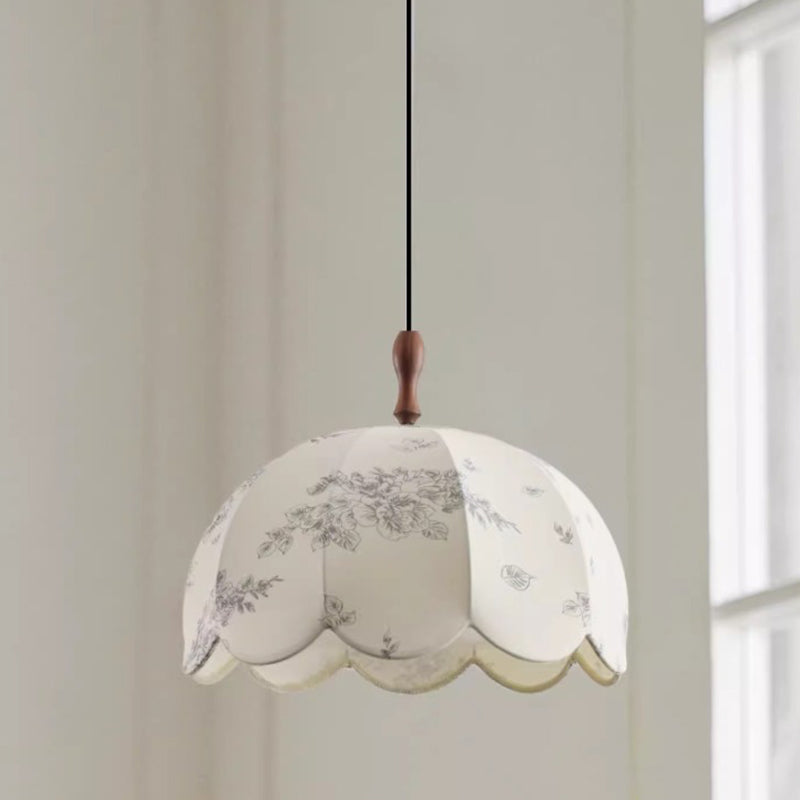 Traditional French Dome Round Wave Solid Wood Iron Frame Fabric Shade 3-light Pendant Light for Living Room