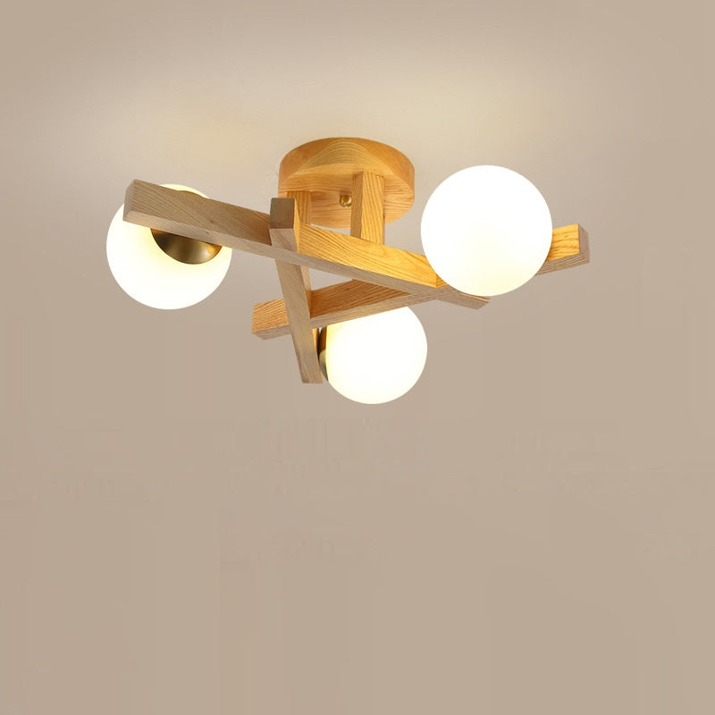 Traditional Chinese Long Round Ball Wooden Copper Frame Glass Shade 3/6/9 Light Semi-flush Mount Ceiling Light for Living Room