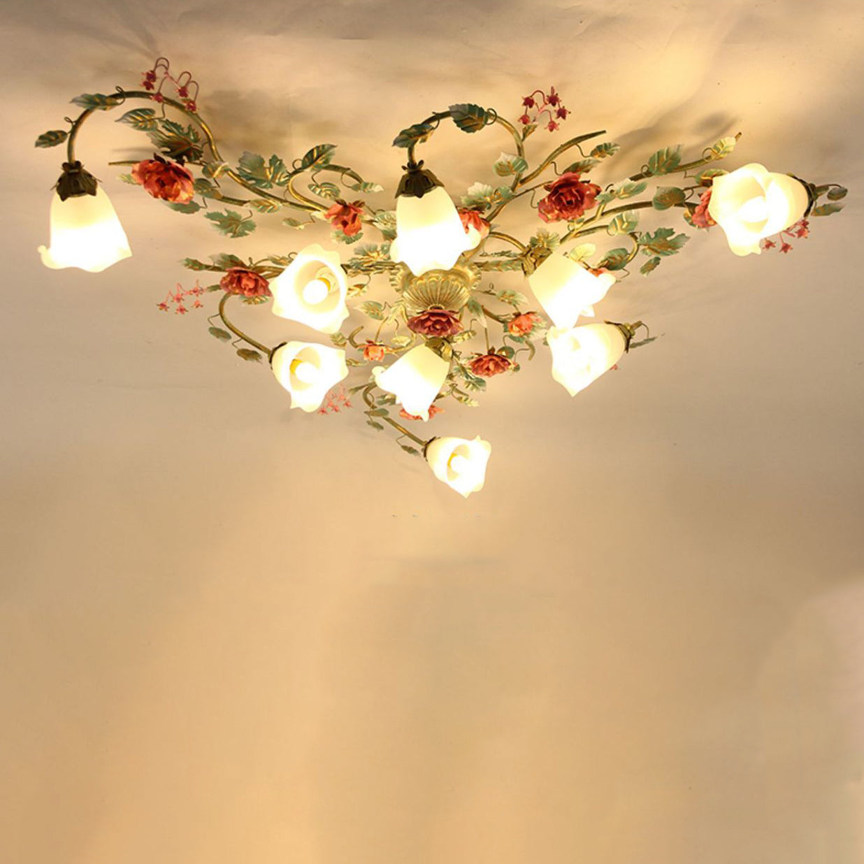 Traditional French Branch Simulation Rose Flower Glass Shade Iron Frame 9-light Flush Mount Ceiling Light for Living Room