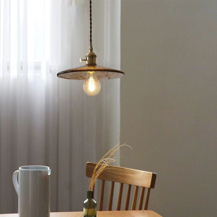 Traditional Vintage Round Wood Brass Glass Shade 1-Light Pendant Light For Living Room