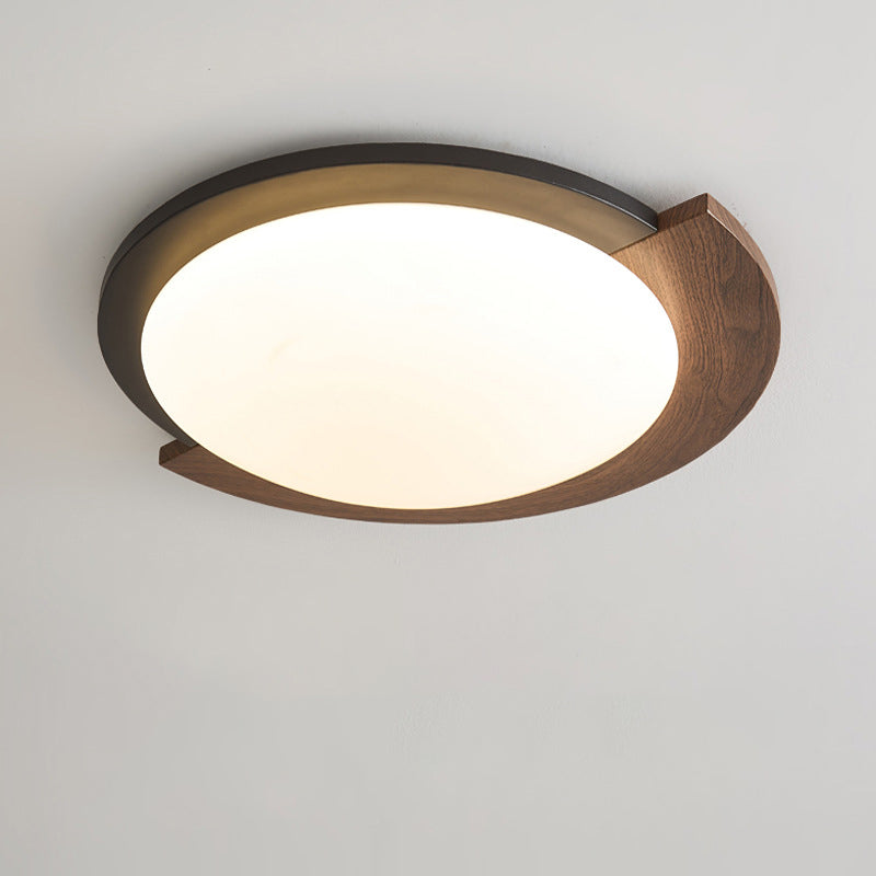 Contemporary Retro Round Wood Grain Iron Frame Acrylic Shade LED Flush Mount Ceiling Light for Living Room